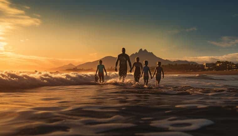A family in the ocean surfing