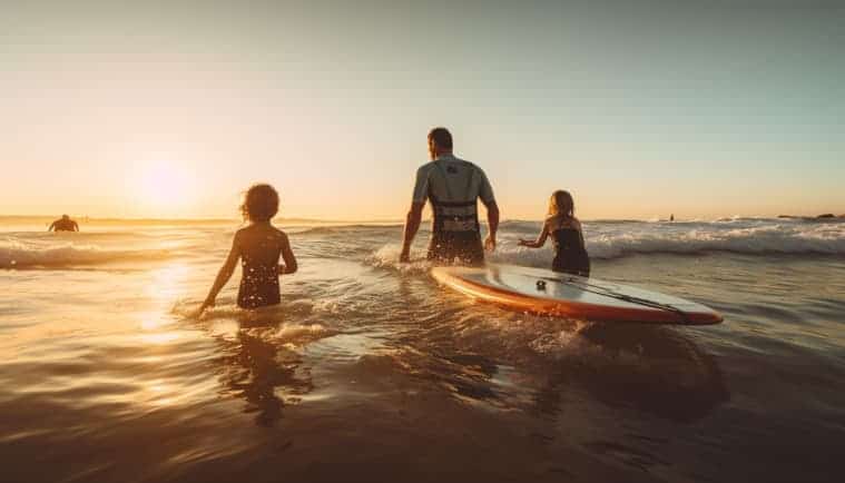 Family in the ocean surfing on waves