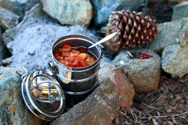 camping meal on the rocks